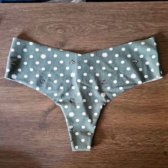 PINK Victorias Secret NO SHOW THONG FOREST GREEN POLKA DOTS & BEES New Small - Picture 12 of 14
